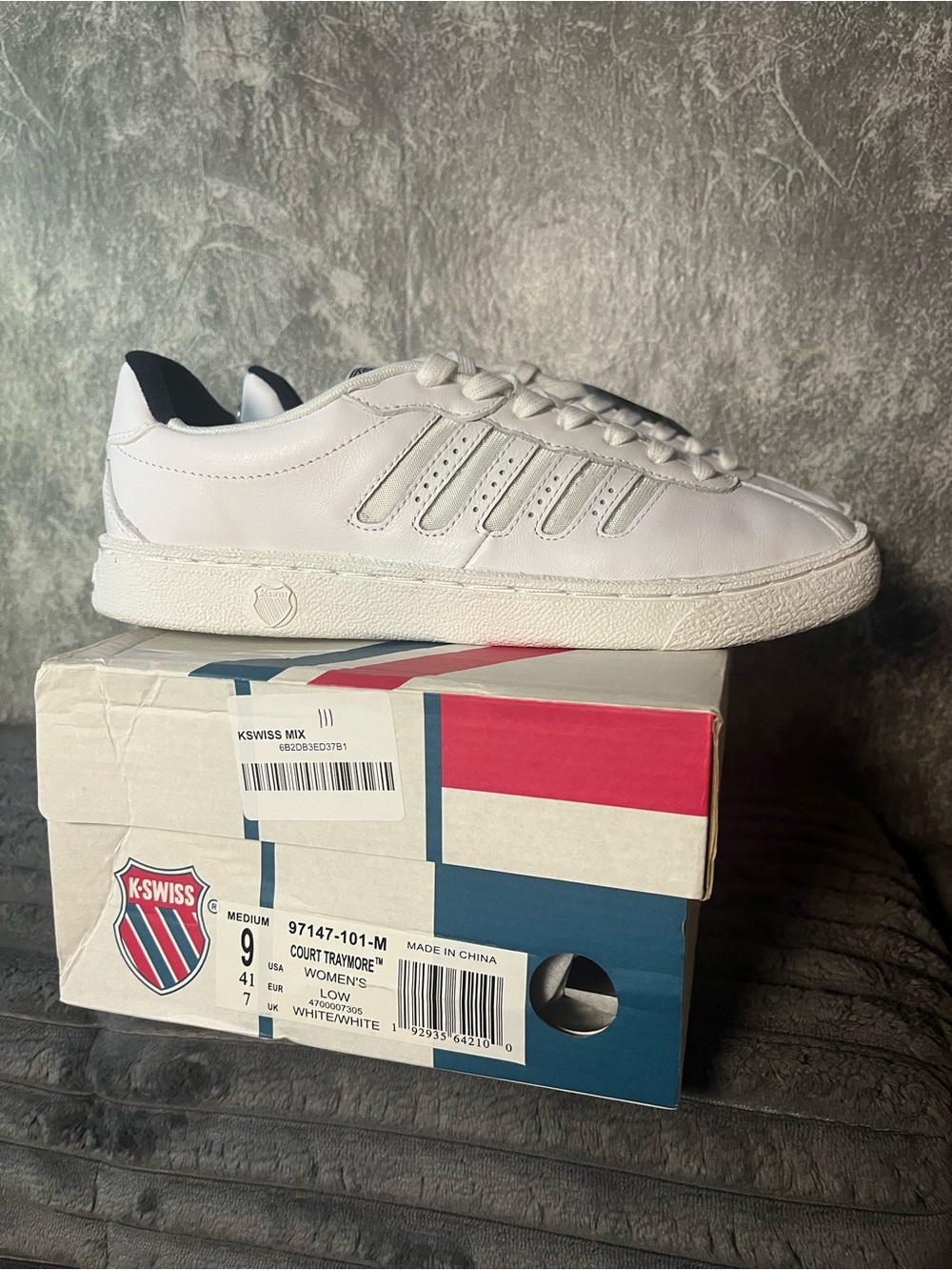 K-Swiss White Low-Top Leather Sneaker with Navy Heel Tab